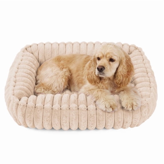 Exclusivo Mezcla Ribbed Plush Cuddler Dog Bed, 32"×24" Calming Pet Bed with Non-Slip Bottom for Medium Dogs, Apricot