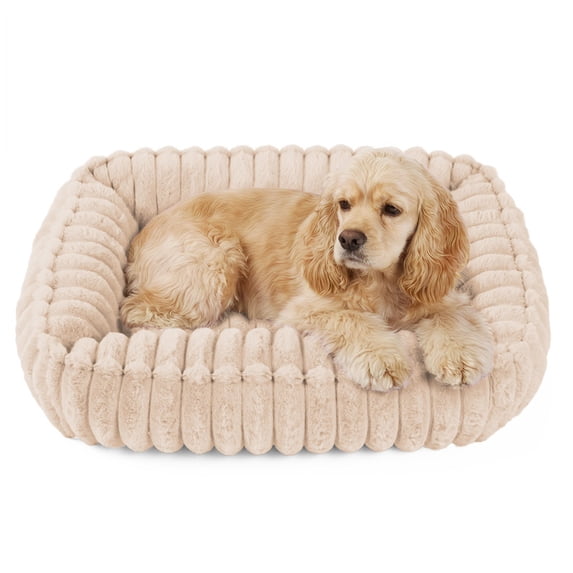 Exclusivo Mezcla Ribbed Plush Cuddler Dog Bed, 32"x24" Calming Pet Bed with Non-Slip Bottom for Medium Dogs, Apricot