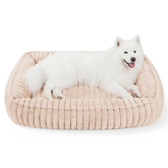 Exclusivo Mezcla Ribbed Plush Cuddler Dog Bed, 36"x28" Calming Pet Bed with Non-Slip Bottom for Large Dogs, Machine Washable, Apricot