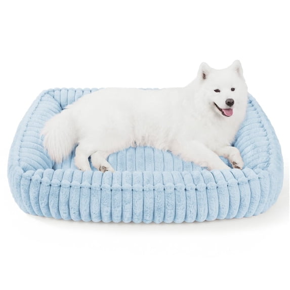 Exclusivo Mezcla Ribbed Plush Cuddler Dog Bed, 36"×28" Calming Pet Bed with Non-Slip Bottom for Large Dogs, Blue
