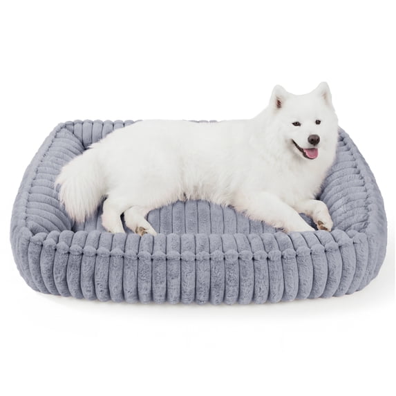 Exclusivo Mezcla Ribbed Plush Cuddler Dog Bed, 36"x28" Calming Pet Bed with Non-Slip Bottom for Large Dogs, Machine Washable, Light Grey
