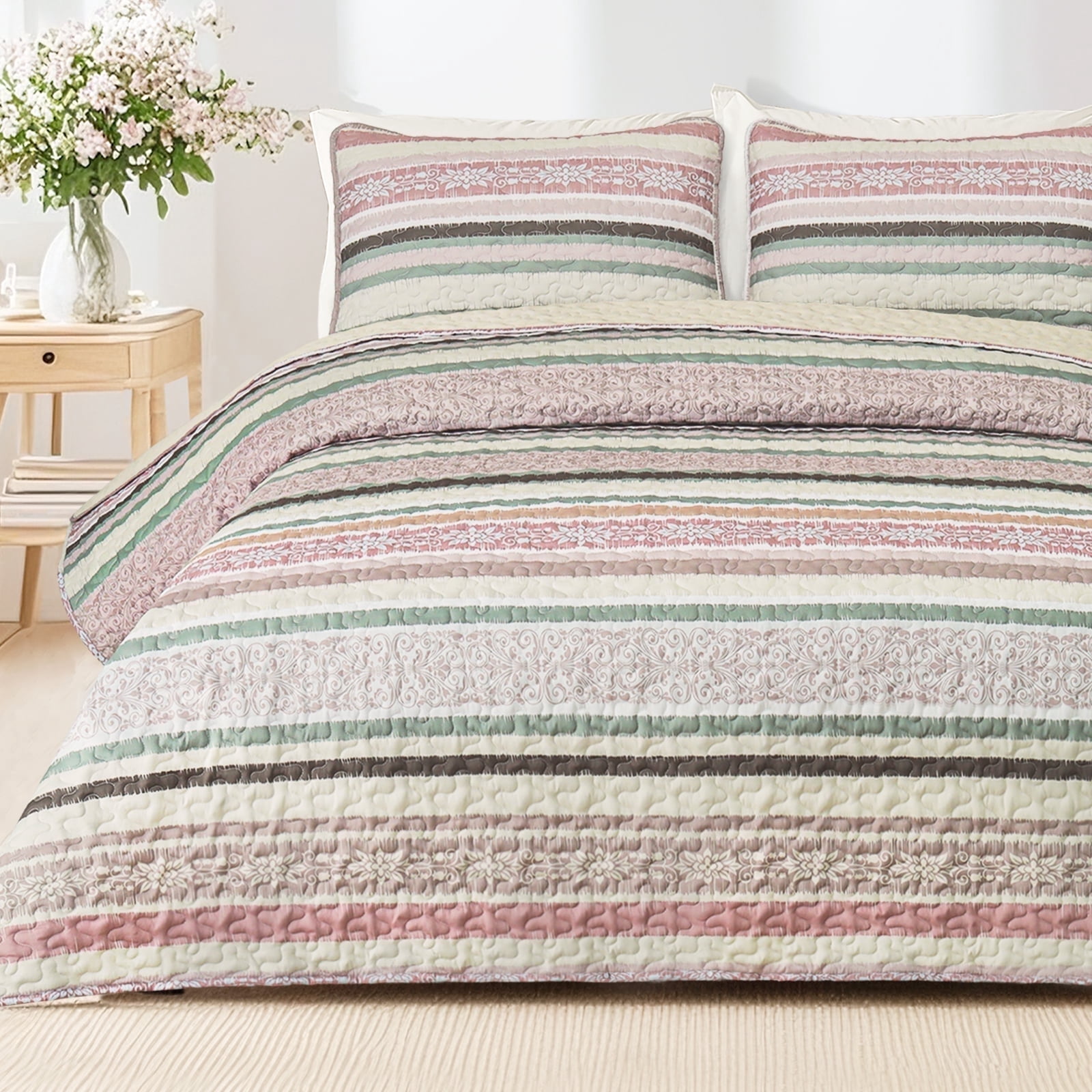 Exclusivo Mezcla Reversible Boho Quilt Set Queen Size, 3 Pieces Bohemian Striped Pink All Season Bedspreads, Ultra Soft Floral Coverlet Bedding Set with Printed Pattern (1 Quilt, 2 Pillow Shams)