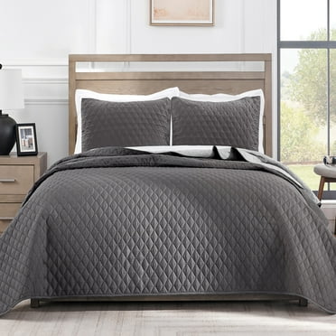 Exclusivo Mezcla Reversible King Size Quilt Set, 3-Piece Lightweight Quilts Soft Bedspreads Bed Coverlets, Grey
