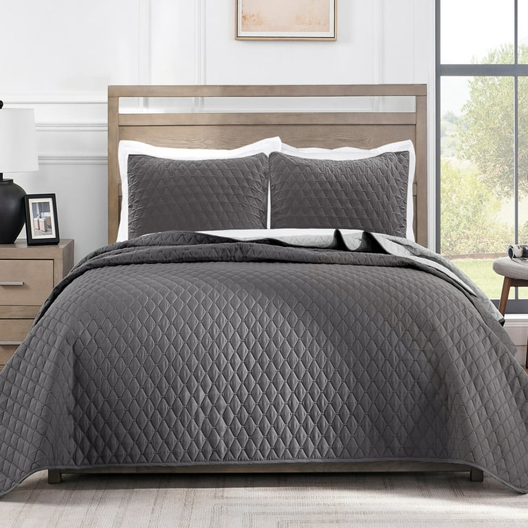 Exclusivo Mezcla Reversible King Size Quilt Set 3 Piece Lightweight Quilts Soft Bedspreads Bed Coverlets Grey