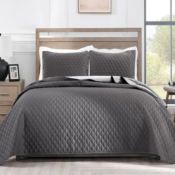 Exclusivo Mezcla Queen Quilt Set, 3-Piece Lightweight Queen Quilts Soft Bedspreads Bed Coverlets, Grey, 90"x96"