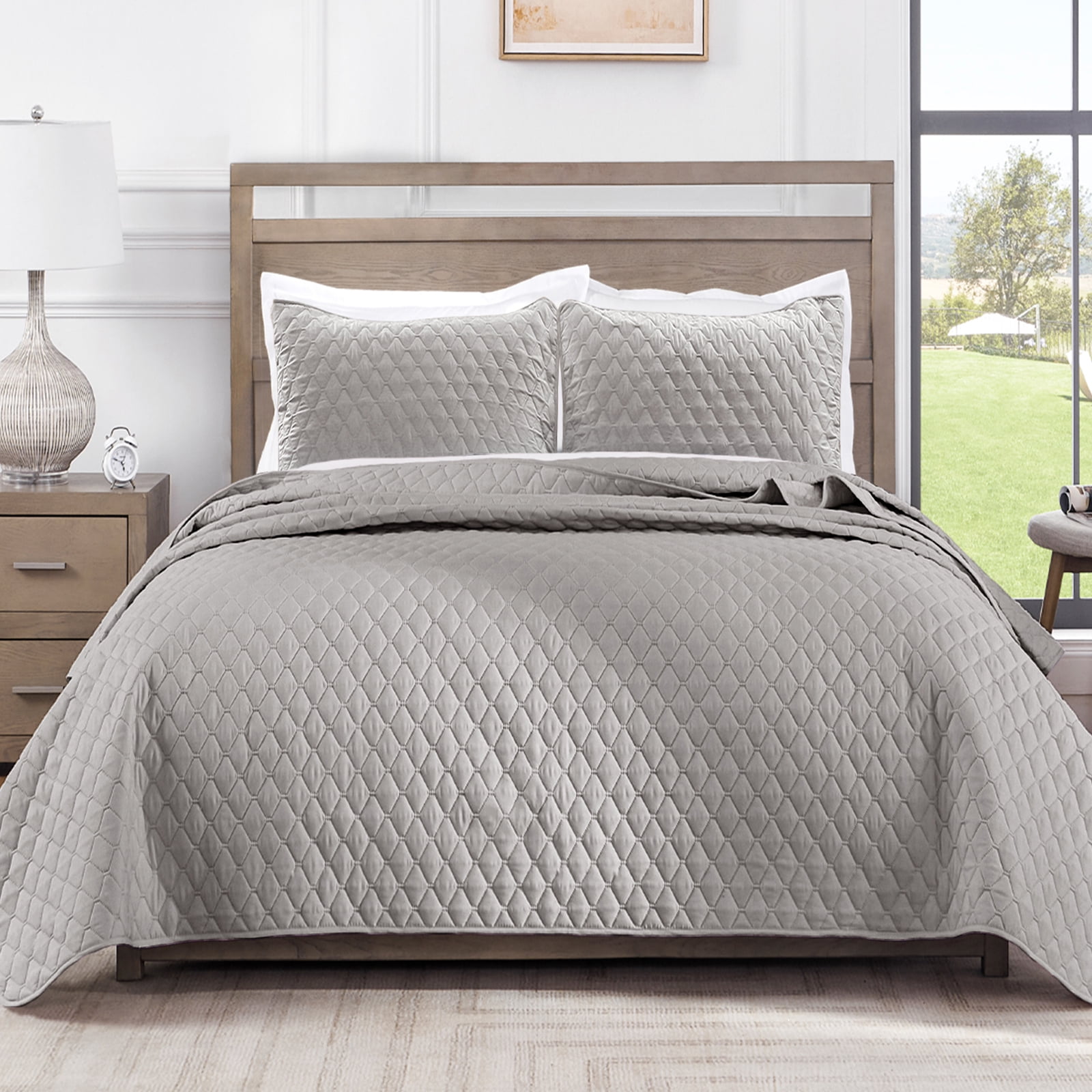 Light Gray Reversible Twin Microfiber Quilt Set