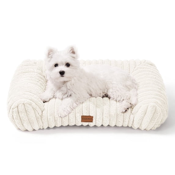 Exclusivo Mezcla Small Cuddler Couch Pet Bed with Sides, 20"x16" Ribbed Plush Corduroy Dog Bed with Non-Slip Bottom and Washable Cover, Ivory