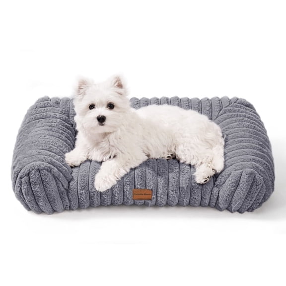 Exclusivo Mezcla Small Cuddler Couch Pet Bed with Sides, 24"x18" Ribbed Plush Corduroy Dog Bed with Non-Slip Bottom and Washable Cover, Dark Grey