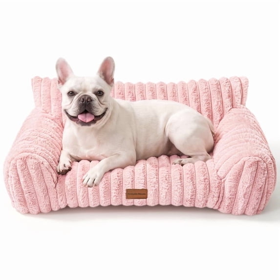 Exclusivo Mezcla Sofa Pet Bed with Raised Backrest for Small Medium Dogs, 30"x20" Cozy Plush Cord Couch Dog Bed, Removable Washable Cover, Pink
