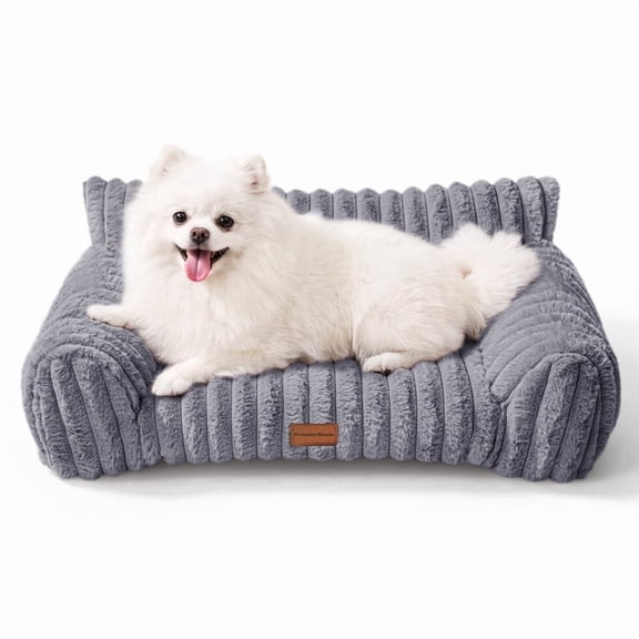 Exclusivo Mezcla Sofa Pet Bed with Raised Backrest for Small Dogs, 24"x18" Cozy Plush Cord Couch Dog Bed, Removable Washable Cover, Dark Grey