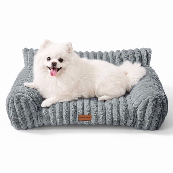 Exclusivo Mezcla Sofa Pet Bed with Raised Backrest for Small Dogs, 24"x18" Cozy Plush Cord Couch Dog Bed, Removable Washable Cover, Sage Grey