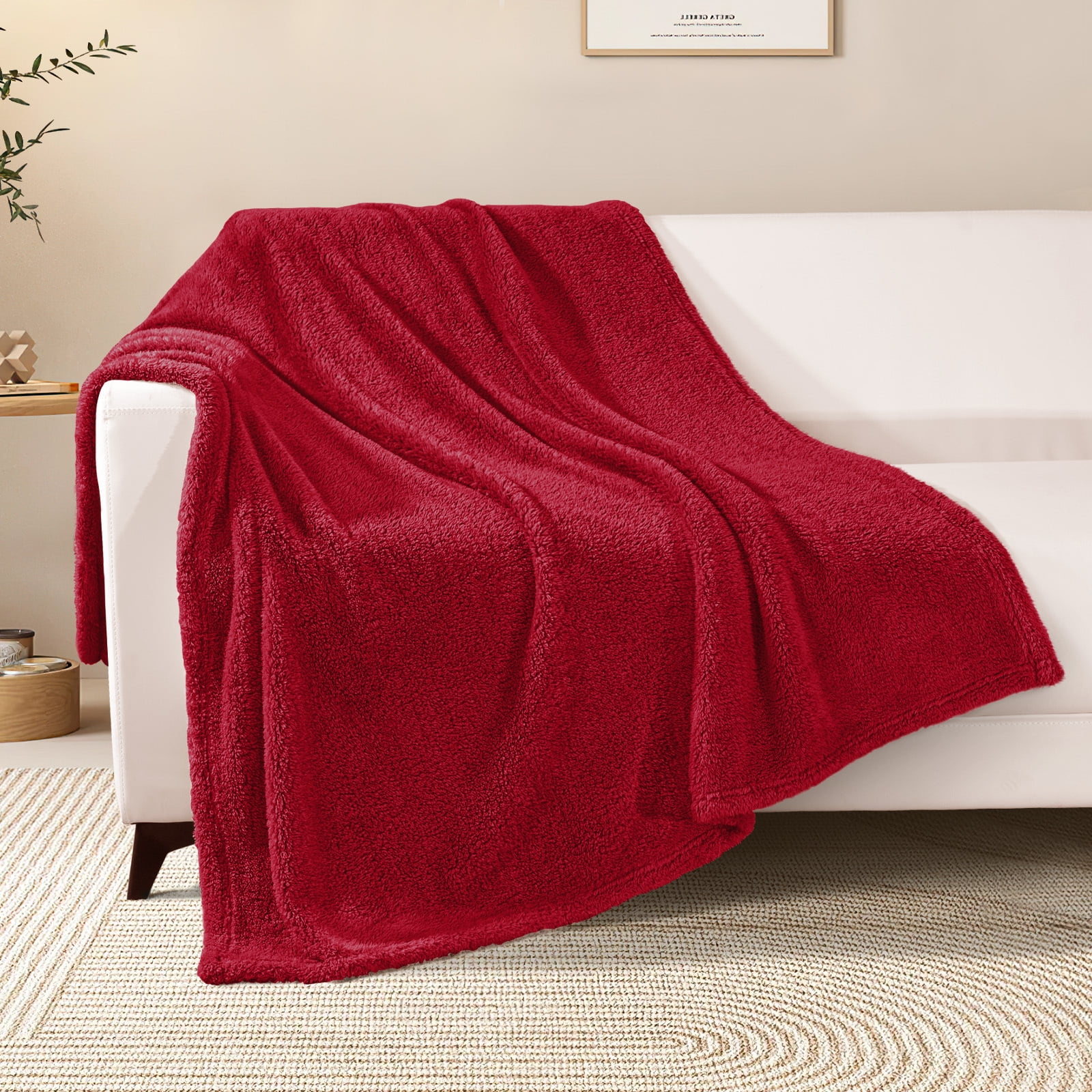 Deep Red Plush Knit Reversible Throw Blanket