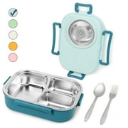 Exclusivo Mezcla Stainless Steel Bento Lunch Box for Kids and Adults,Stackable BPA-Free Food Containers with 3 Compartments and Reusable Sauce Bowl, Fork and Spoon, (1000ml/34oz, Light Blue)
