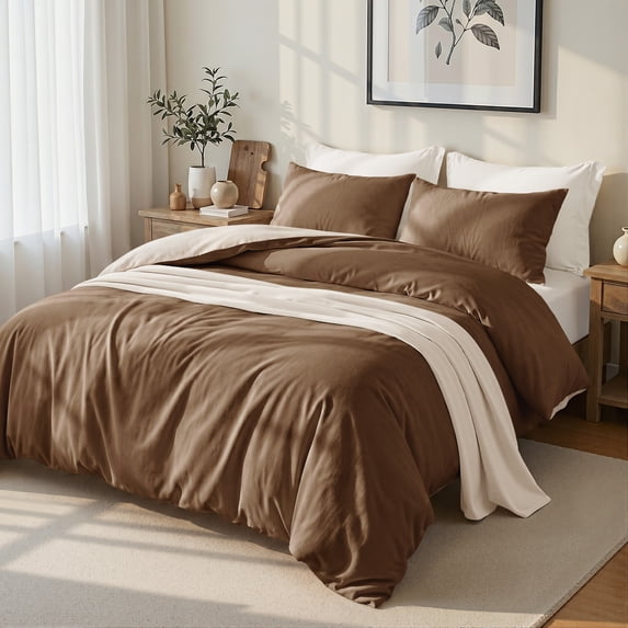 Exclusivo Mezcla Twin Bedding Duvet Cover Set, 2 Pieces Lightweight Comforter Cover with Pillow Sham (Brown and Brich Beige)