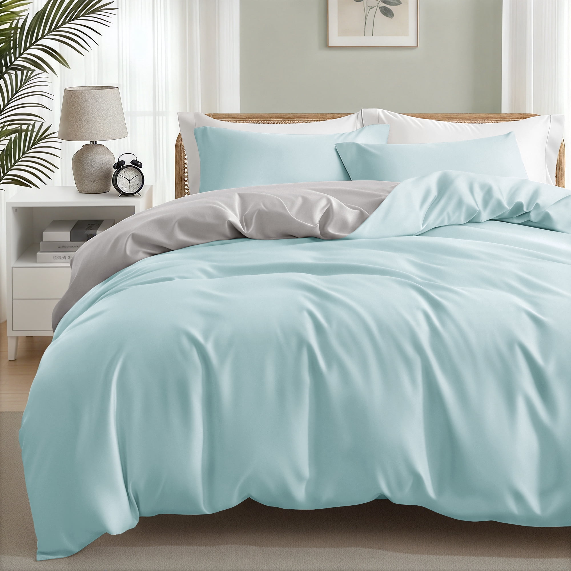 Exclusivo Mezcla Twin Bedding Duvet Cover Set, 2 Pieces Lightweight Comforter Cover with Pillow Sham (Light Green and Light Grey)