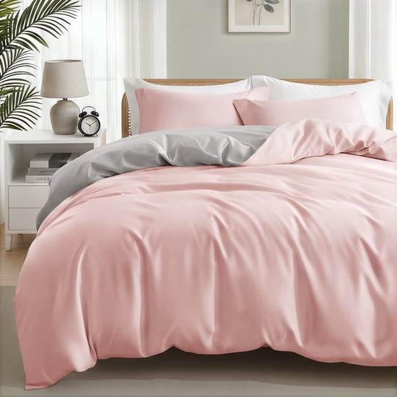 Exclusivo Mezcla Twin Bedding Duvet Cover Set, 2 Pieces Lightweight Comforter Cover with Pillow Sham (Pink and Light Grey)
