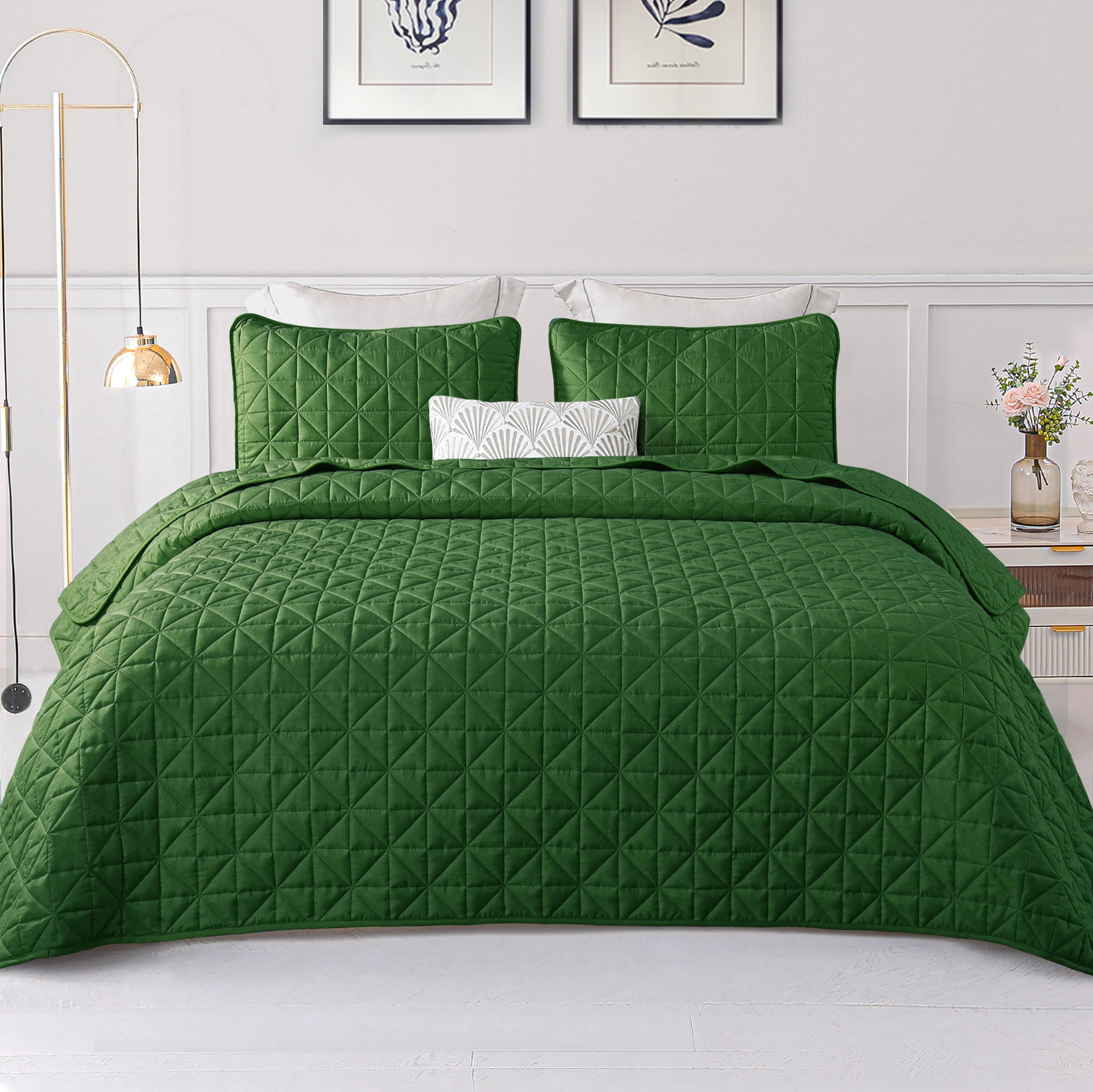Exclusivo Mezcla Reversible Twin Quilt Set, Grass Green, Geometric Pattern (1 Quilt, 1 Sham