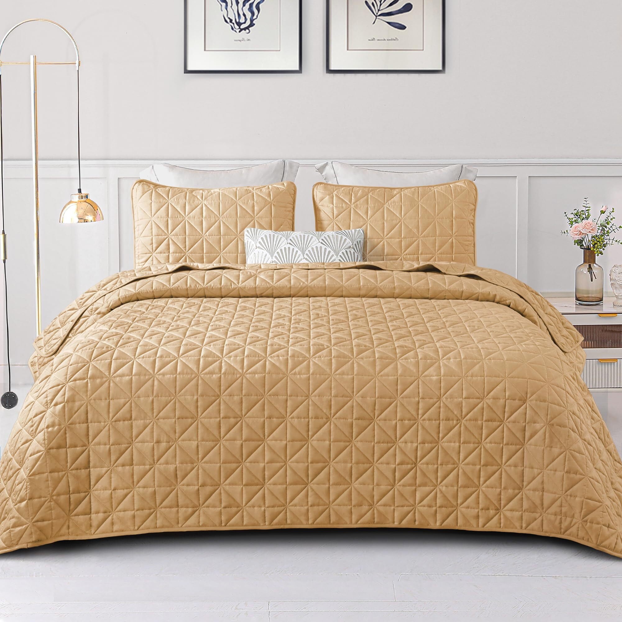 Exclusivo Mezcla Twin Quilt Bedding Set, Lightweight Soft Camel Twin Bedspreads Coverlets with Geometric Stitched Pattern