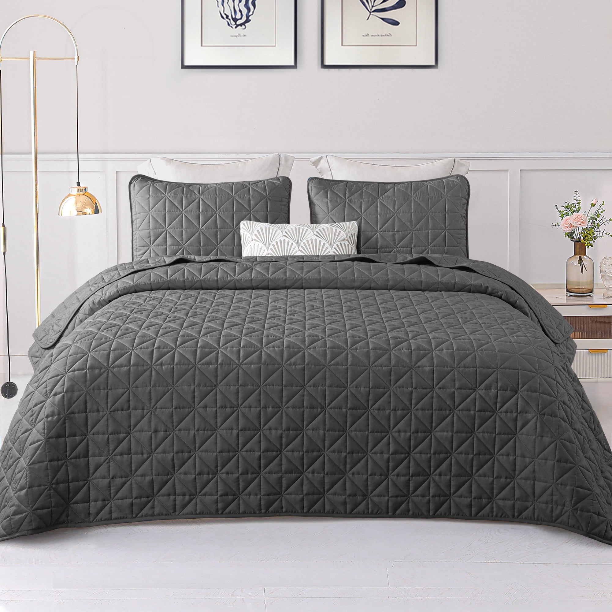 Exclusivo Mezcla Twin Quilt Bedding Set, Lightweight Soft Grey Twin Bedspreads Coverlets with Geometric Stitched Pattern