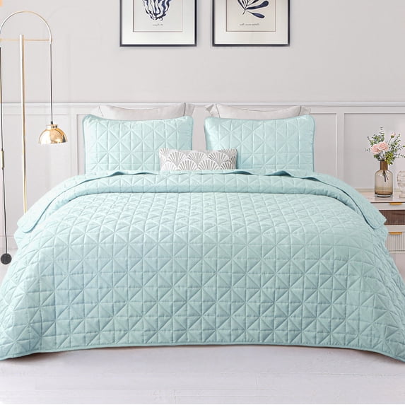 Exclusivo Mezcla Twin Quilt Bedding Set, Lightweight Soft Light Aqua Twin Bedspreads Coverlets with Geometric Stitched Pattern