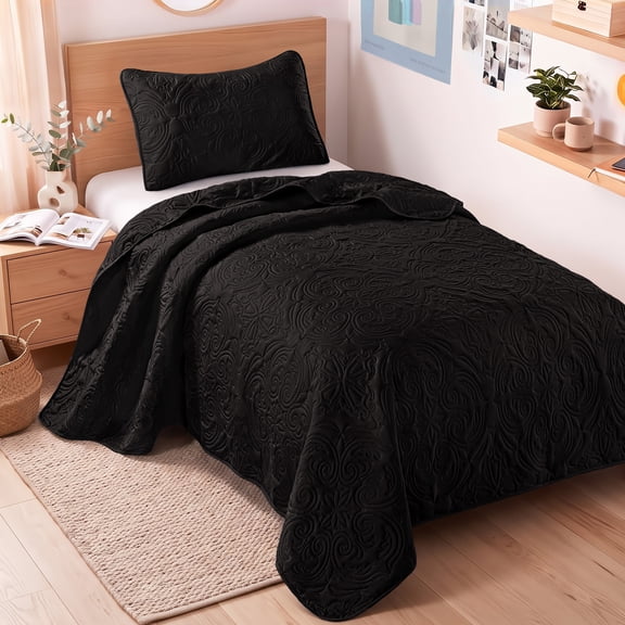Exclusivo Mezcla Twin Quilt Bedding Set, Lightweight Vintage Twin XL Size Quilts with Pillow Sham, Soft Bedspreads Coverlets for All Seasons (88"x68", Black)