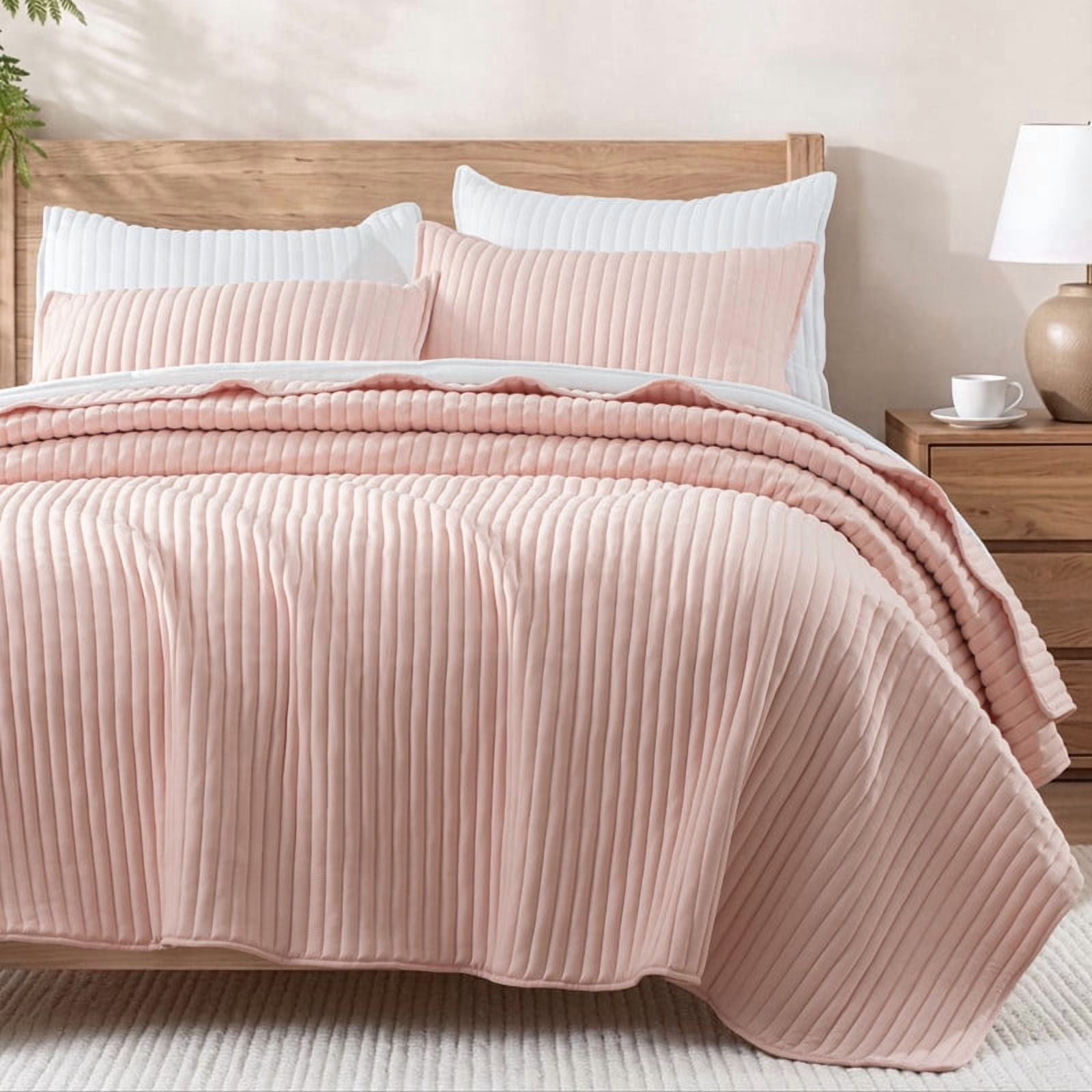 Exclusivo Mezcla Twin Quilt Bedding Set, Stripe Stitching Blush Pink Quilts Twin Size for All Seasons, Soft Lightweight Microfiber Bedspreads Coverlets Bed Cover, 68"x88"