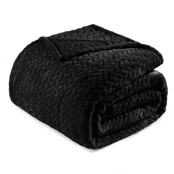 Exclusivo Mezcla Twin/Twin XL Size Flannel Fleece Blanket, 90"x66" Soft Jacquard Weave Leaves Pattern Velvet Plush Bed Blanket, Black