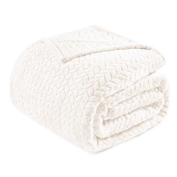 Exclusivo Mezcla Twin/Twin XL Size Flannel Fleece Blanket, 90"x66" Soft Jacquard Weave Leaves Pattern Velvet Plush Bed Blanket, Ivory