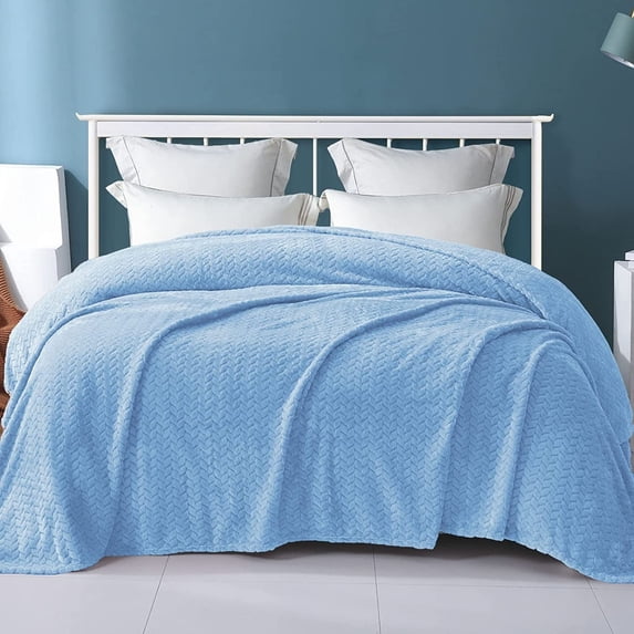 Exclusivo Mezcla Twin/Twin XL Size Flannel Fleece Blanket, 90"x66" Soft Jacquard Weave Leaves Pattern Velvet Plush Bed Blanket, Light Blue