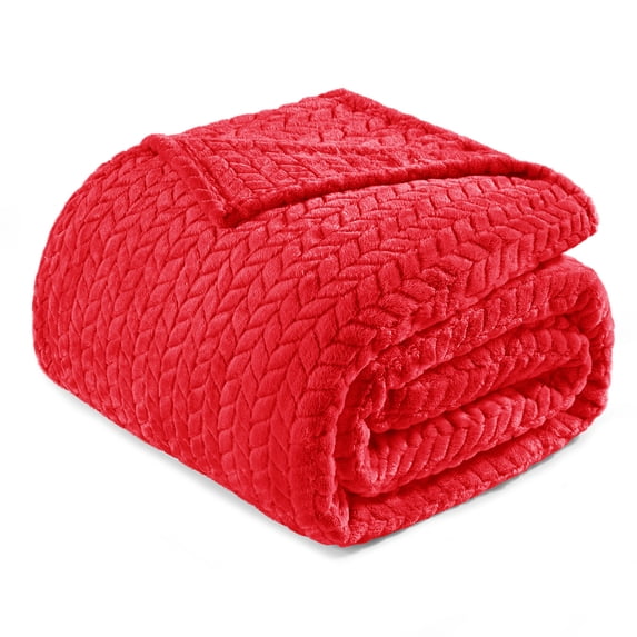 Exclusivo Mezcla Twin/Twin XL Size Flannel Fleece Blanket, 90"x66" Soft Jacquard Weave Leaves Pattern Velvet Plush Bed Blanket, Red