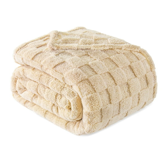 Exclusivo Mezcla Twin Size Flannel Fleece Blanket, Super Soft Warm Lightweight Checkered Pattern Blanket for All Seasons, Beige, 60"x80"