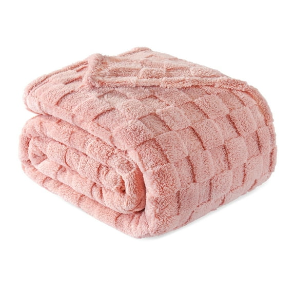 Exclusivo Mezcla Twin Size Flannel Fleece Blanket, Super Soft Warm Lightweight Checkered Pattern Blanket for All Seasons, Pink, 60"x80"