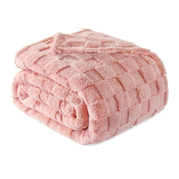 Exclusivo Mezcla Twin Size Flannel Fleece Blanket, Super Soft Warm Lightweight Checkered Pattern Blanket for All Seasons, Pink, 60"x80"