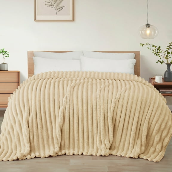 Exclusivo Mezcla Twin Size Flannel Fleece Blanket, Super Soft 3D Striped Jacquard Blanket for Bed, Lightweight Fuzzy Cozy Blankets, Beige, 60"x80"