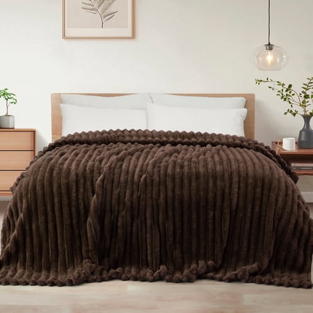 Exclusivo Mezcla Twin Size Flannel Fleece Blanket, Super Soft 3D Striped Jacquard Blanket for Bed, Lightweight Fuzzy Cozy Blankets, Coffee, 60"x80"