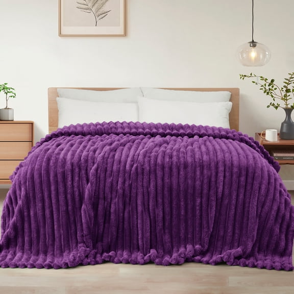 Exclusivo Mezcla Twin Size Flannel Fleece Blanket, Super Soft 3D Striped Jacquard Blanket for Bed, Lightweight Fuzzy Cozy Blankets, Purple, 60"x80"