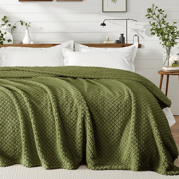 Exclusivo Mezcla Twin Size Flannel Fleece Blanket, Super Soft Jacquard Bed Blanket, Lightweight Fuzzy Warm for All Seasons, 60x80 Inches, Olive Green