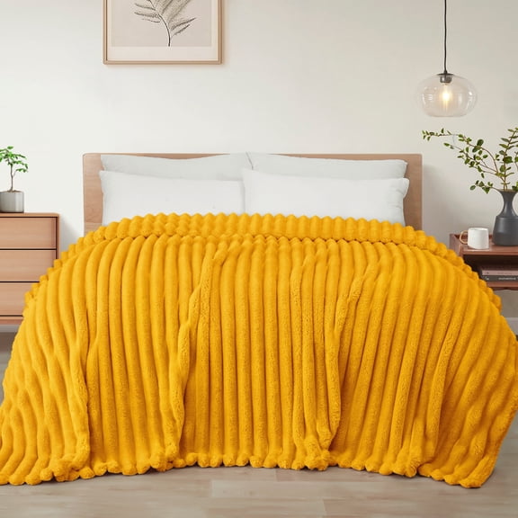 Exclusivo Mezcla Twin Size Flannel Fleece Blanket, Super Soft 3D Striped Jacquard Blanket for Bed, Lightweight Fuzzy Cozy Blankets, Mustard Yellow, 60"x80"
