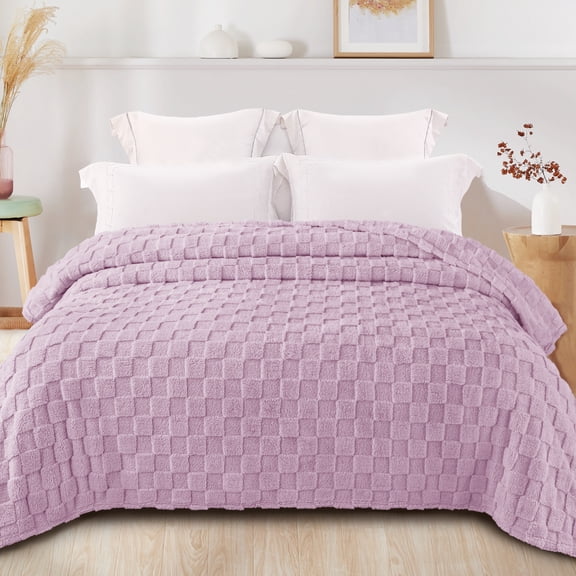 Exclusivo Mezcla Twin Size Flannel Fleece Blanket, Super Soft Warm Lightweight Checkered Pattern Blanket for All Seasons, Light Purple, 60"x80"