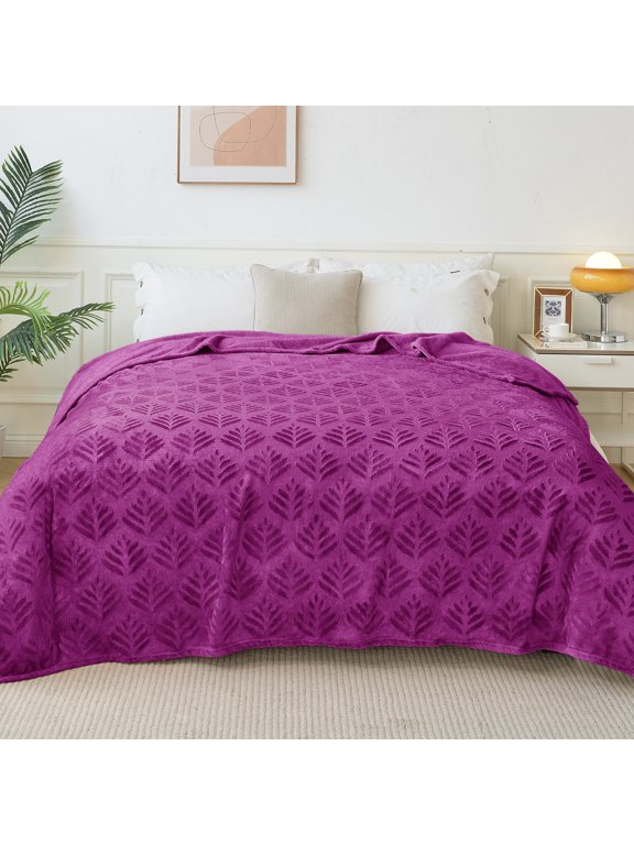 Twin Size Fleece Blanket for Bed, Leaves Pattern Super Soft and Cozy Blankets, Plush Fuzzy Lightweight, Purple, 60"x80"