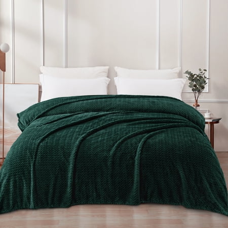 Exclusivo Mezcla Twin Size Jacquard Weave Wave Pattern Flannel Fleece Velvet Plush Bed Blanket as Bedspread/Coverlet/Bed Cover (90" x 66", Forest Green)