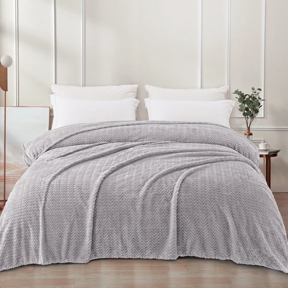 Exclusivo Mezcla Twin Size Jacquard Weave Wave Pattern Flannel Fleece Velvet Plush Bed Blanket as Bedspread/Coverlet/Bed Cover (90" x 66", Light Grey)