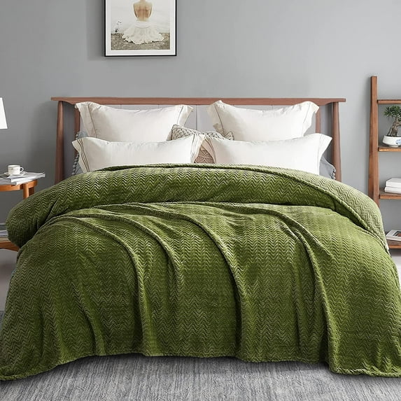 Exclusivo Mezcla Twin Size Jacquard Weave Wave Pattern Flannel Fleece Velvet Plush Bed Blanket as Bedspread/Coverlet/Bed Cover (90" x 66", Olive Green)