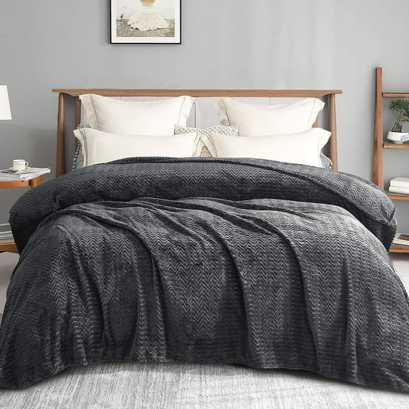 Exclusivo Mezcla Twin Size Jacquard Weave Wave Pattern Flannel Fleece Velvet Plush Bed Blanket as Bedspread/Coverlet/Bed Cover (90" x 66", Dark Grey)