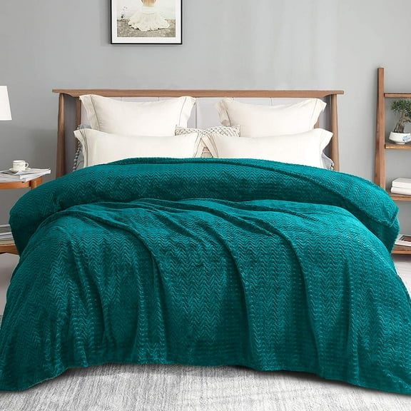 Exclusivo Mezcla Twin Size Jacquard Weave Wave Pattern Flannel Fleece Velvet Plush Bed Blanket as Bedspread/Coverlet/Bed Cover (90" x 66", Teal)