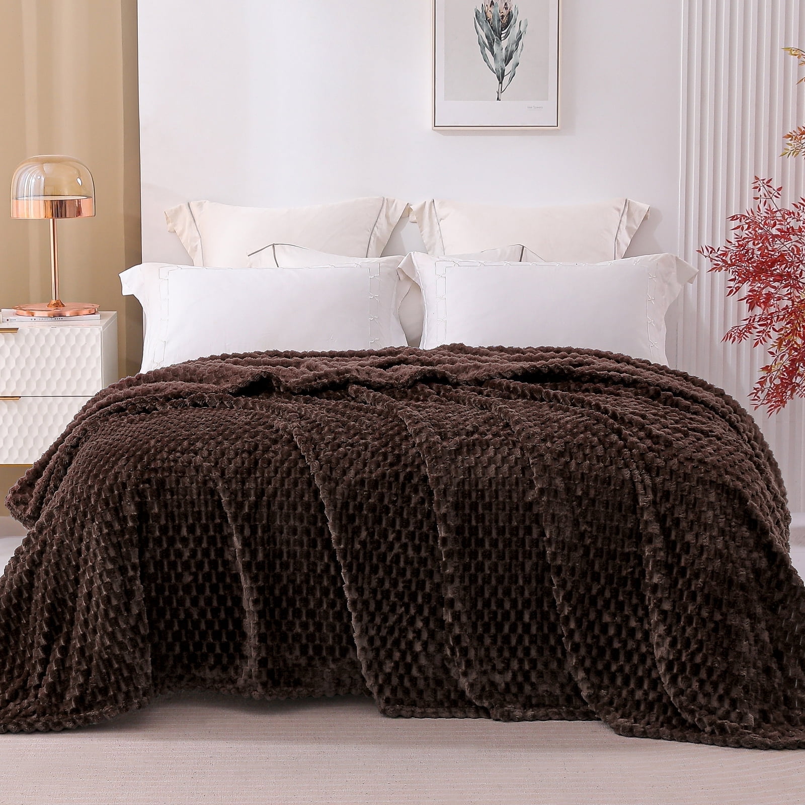 Exclusivo Mezcla Twin Size Soft Fleece Blanket, 60"x80" 3D Clouds Stylish Jacquard Velvet Blanket for Bed, Cozy Soft Lightweight for All Season, Coffee Blanket