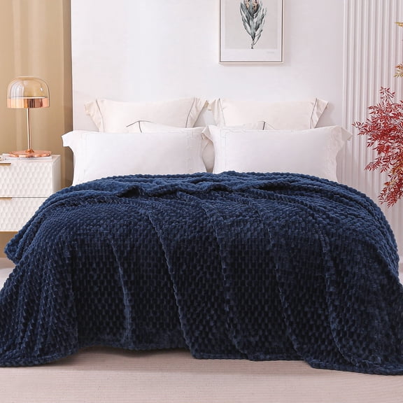 Exclusivo Mezcla Twin Size Soft Fleece Blanket, 60"x80" Stylish Jacquard Velvet Blanket for Bed, Cozy Soft Lightweight for All Season, Navy Blue
