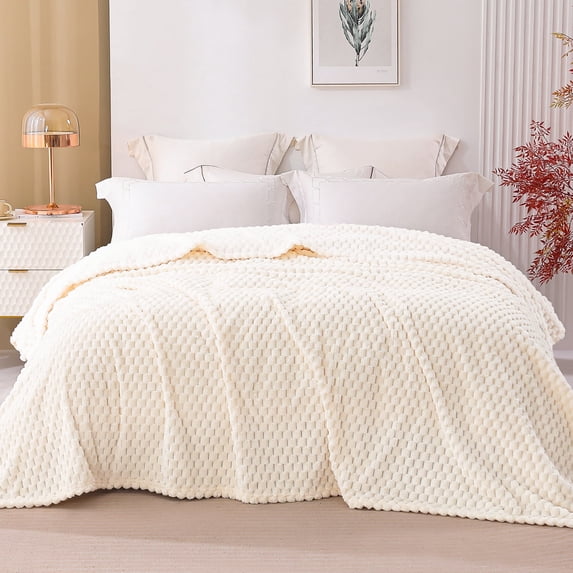 Exclusivo Mezcla Twin Size Soft Fleece Blanket, 60"x80" Stylish Jacquard Velvet Blanket for Bed, Cozy Soft Lightweight for All Season, Ivory