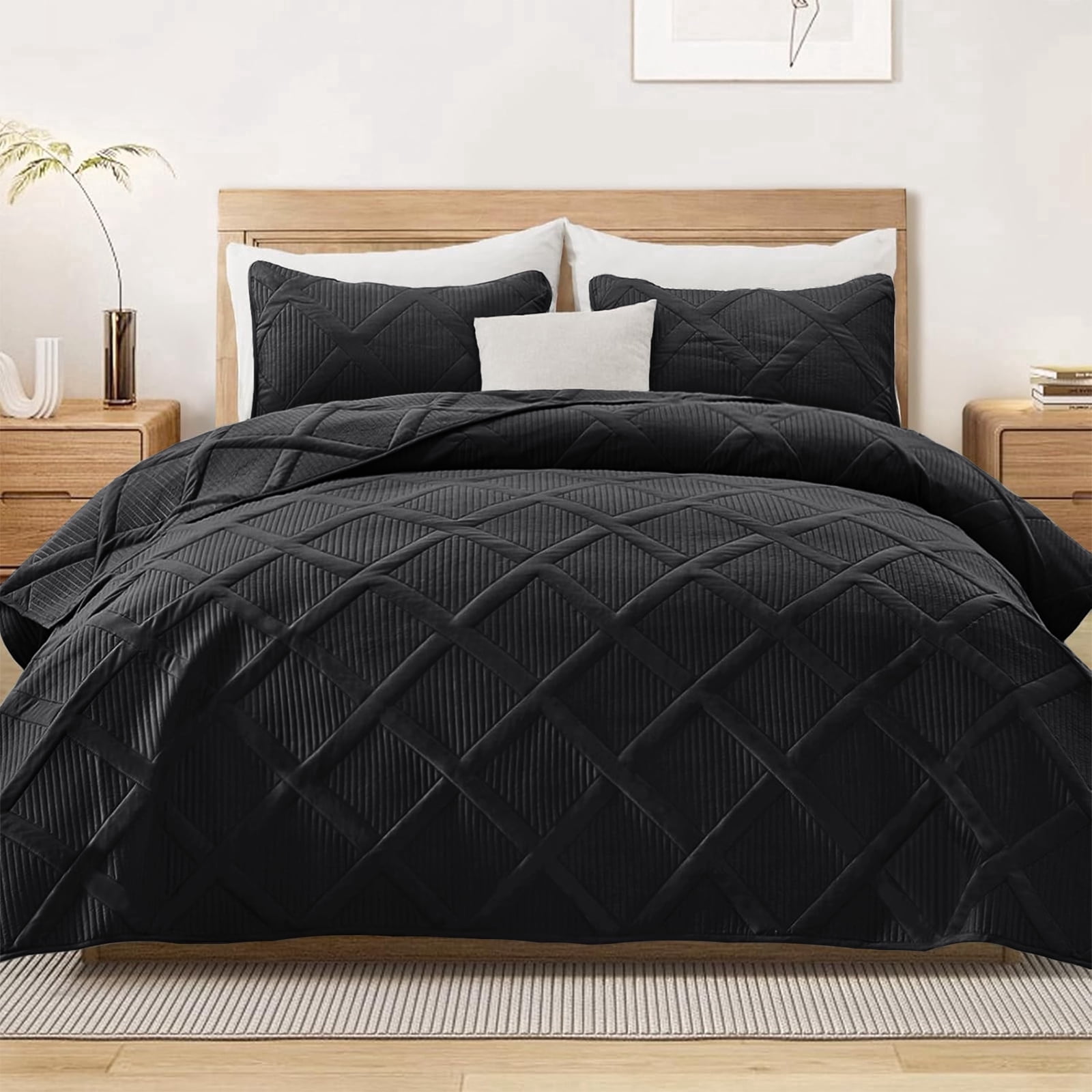 Exclusivo Mezcla Ultrasonic California King Quilt Set, 3-Piece Lightweight Bedspreads Modern Striped Coverlet, Black