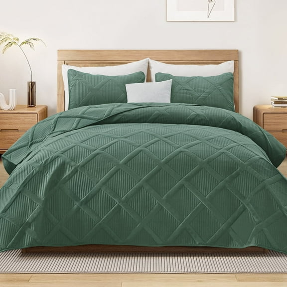 Exclusivo Mezcla Ultrasonic California King Quilt Set, 3-Piece Lightweight Bedspreads Modern Striped Coverlet, Green